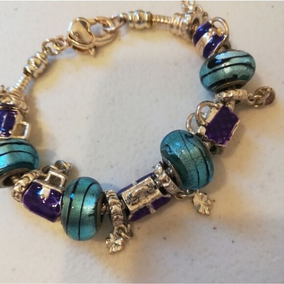(4) 925 Murano Glass Beads Enameled Bag Charm Silver Tone Slider Bracelet - Picture 4 of 8
